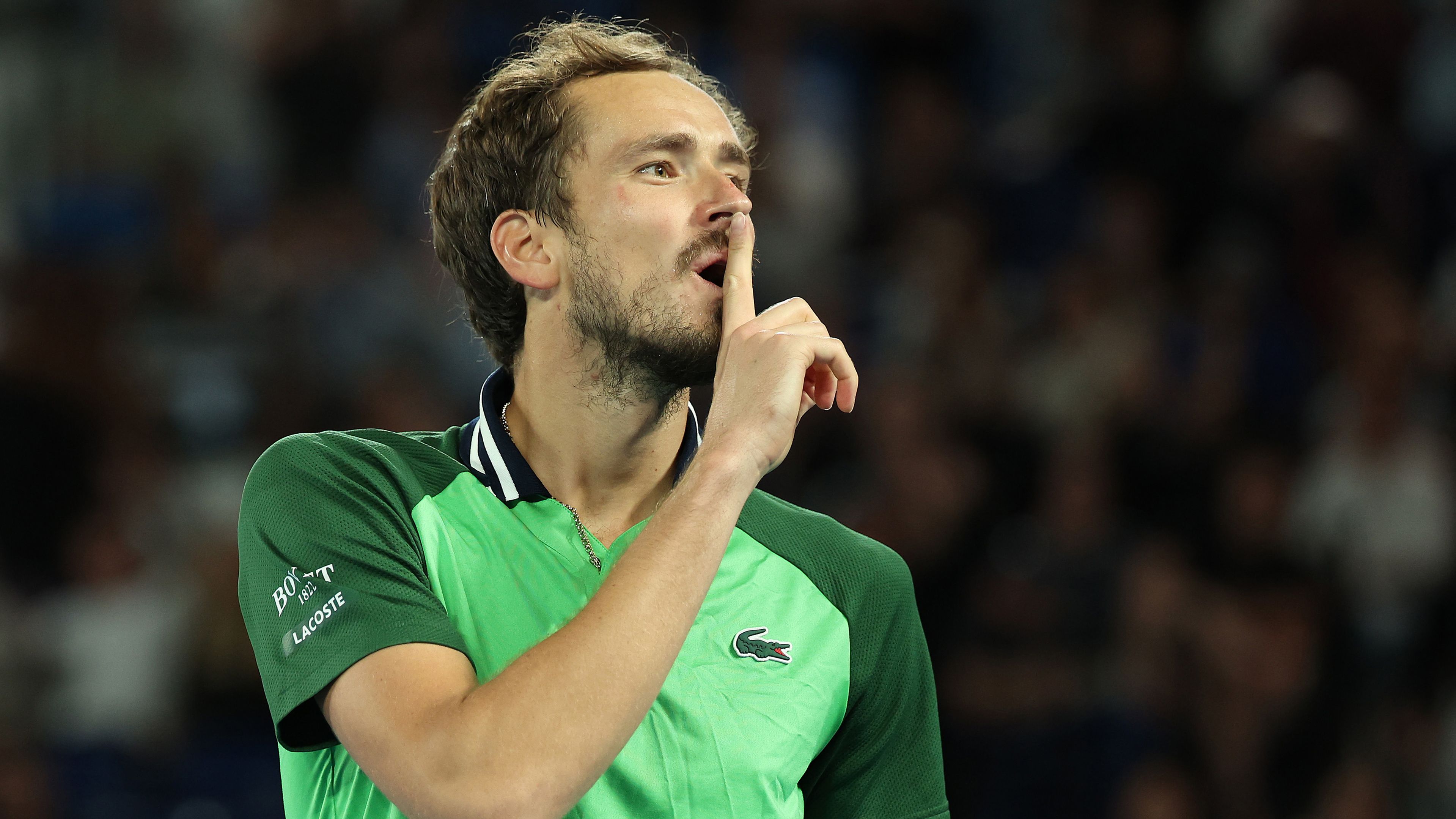 MELBOURNE, AUSTRALIA - JANUARY 26: Daniil Medvedev celebrates winning match point in their Semifinal singles match against Alexander Zverev of Germany during the 2024 Australian Open at Melbourne Park on January 26, 2024 in Melbourne, Australia. (Photo by Daniel Pockett/Getty Images)