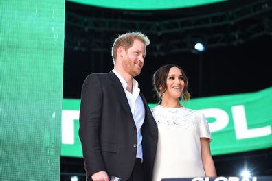 Prince Harry, Duke of Sussex and Meghan, Duchess of Sussex speak on stage during Global Citizen Live, New York on September 25, 2021 in New York City.  (Photo by Kevin Mazur / Getty Images for Global Citizen)