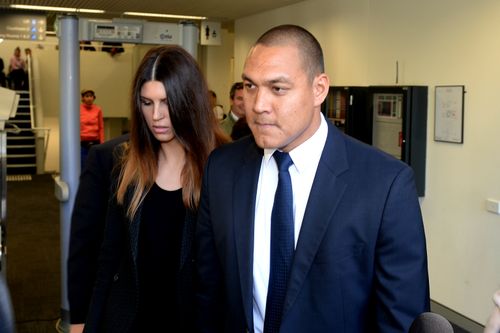 Olympian Geoff Huegill and his wife Sara Hills leave Waverley Court in 2014 after Mr Huegill was charged with possessing cocaine at Randwick Racecourse. Picture: AAP