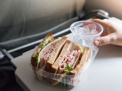 Turkey Sandwich on an airplane seat tray