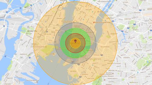 A nuclear bomb dropped on New York would flatten most of lower Manhattan and kill hundreds of thousands from Brooklyn, Queens and New Jersey. (Nukemap)
