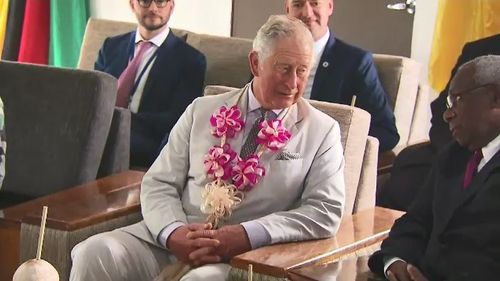 Prince Charles met with the President of Vanuatu and was presented with a garland of flowers upon his arrival. Picture: 9NEWS.