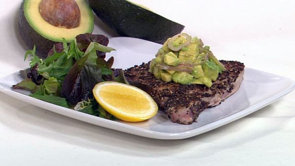 Seared pepper crusted tuna with avocado salsa