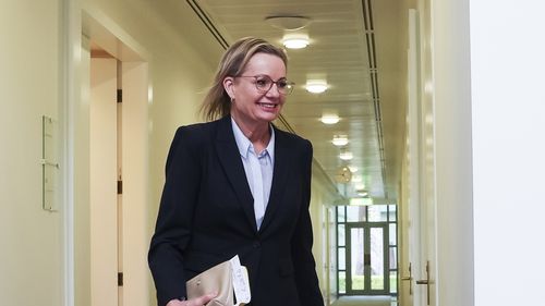 A líder da oposição, Sussan Ley, parte após uma reunião na sala do partido liberal, no Parlamento em Canberra, na quarta-feira, 12 de novembro de 2025. 
