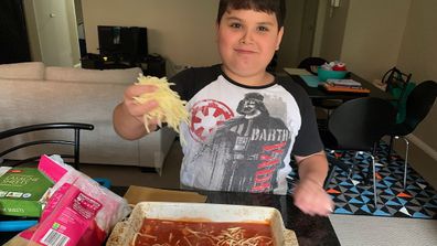 Jo Abi and son Giovanni making lasagne