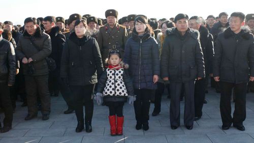 People visit Mansu Hill to pay respect to the statues of their late leaders Kim Il Sung and Kim Jong Il at Mansu Hill, marking the sixth anniversary of leader Kim Jong Il's death in Pyongyang. (AP)
