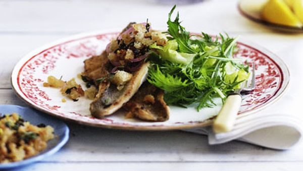 Pan-fried whiting with lemon and caper crumbs