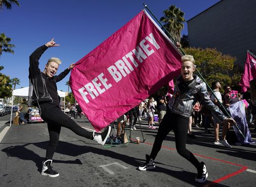 Twins Edward, right, and John Grimes of Dublin, Ireland, hold a "Free Britney" flag outside a hearing concerning the pop singer's conservatorship at the Stanley Mosk Courthouse, Friday, Nov. 12, 2021, in Los Angeles. (AP Photo/Chris Pizzello)
