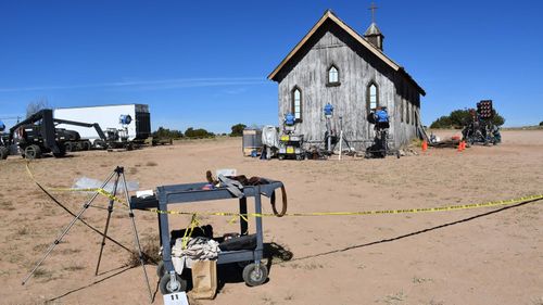 This handout image courtesy of Santa Fe County Sheriff's Office released April 25, 2022 and part of the investigative files, shows a prop cart by the scene of the shooting at the Bonanza Creek Ranch in Santa Fe, New Mexico, after the death of cinematographer Halyna Hutchins on October 21, 2021 