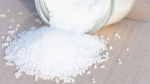 Urea granules. It is the most commonly used nitrogen fertiliser.