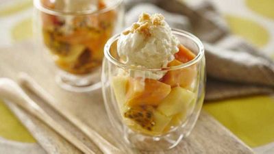 Macadamia and honey frozen yoghurt sundaes
