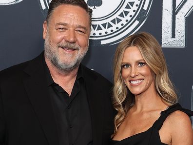 Russell Crowe and Britney Theriot attend the Australian Premiere of Poker Face at Hoyts Entertainment Quarter on November 15, 2022 in Sydney, Australia.