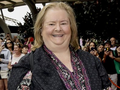Magda Szubanski arrives at State Memorial Service for Olivia Newton-John at Hamer Hall on February 26, 2023 in Melbourne, Australia. 