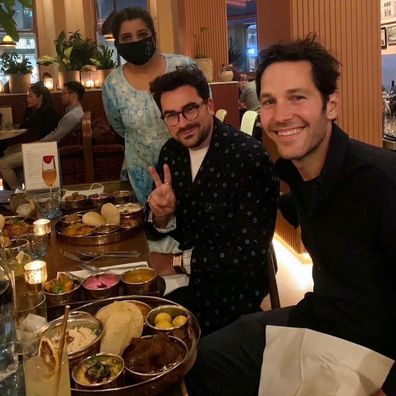 Paul Rudd posed for a photo with Dan Levy at an Indian restaurant in London called Darjeeling Express.