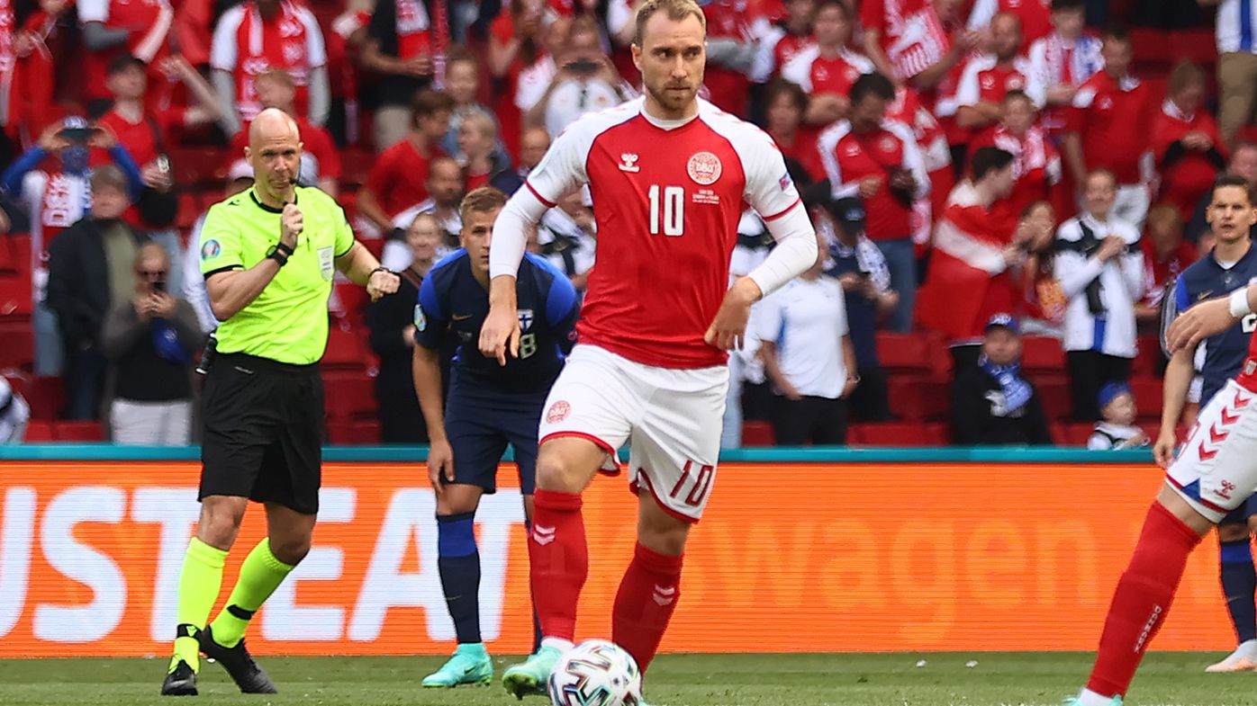 Christian Eriksen of Denmark kicks off during the UEFA Euro 2020 Championship Group B match between Denmark and Finland 