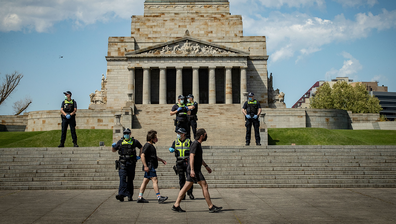 Victoria Police patrol at the Shrine of Remembrance on October 03, 2020 in Melbourne, Australia. (Photo by Darrian Traynor)