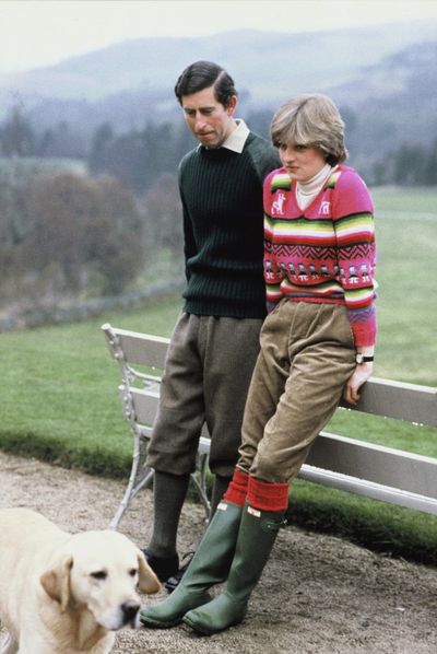 Lady Diana Spencer wearing an Inca jersey with then-fiancé Prince Charles at Balmoral in 1981.