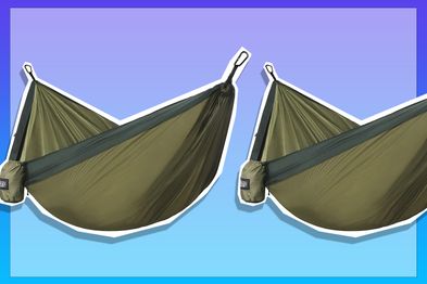 9PR: Green camping hammock on blue and purple background.