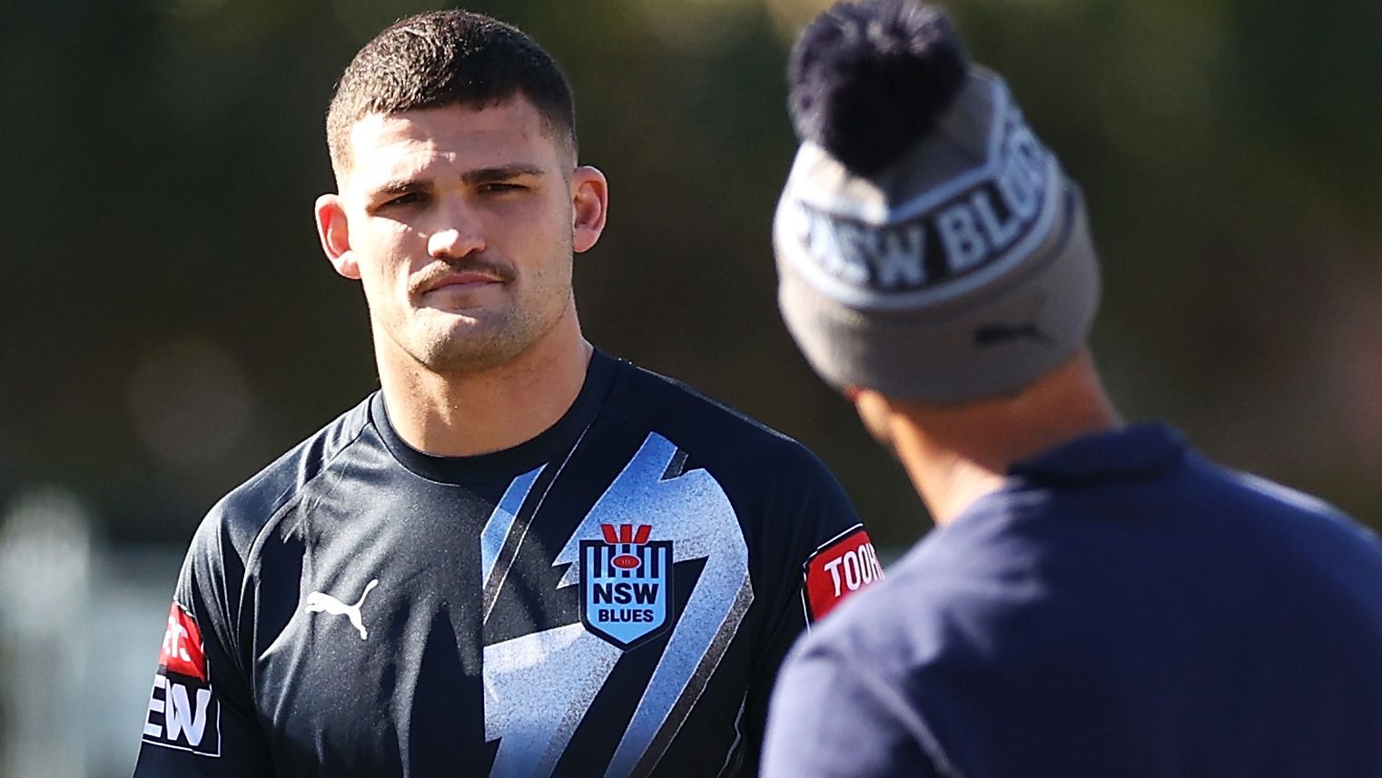 Nathan Cleary and his team mates listen on as Andrew Johns speaks during a New South Wales Blues State of Origin training session at Coogee Oval on May 23, 2023 in Sydney, Australia. (Photo by Mark Kolbe/Getty Images)