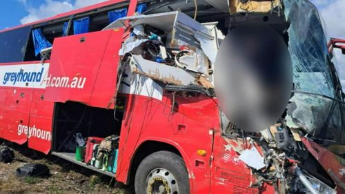 Thirty-three people were on board this Greyhound coach when it collided with a four-wheel-drive towing a caravan in Queensland.