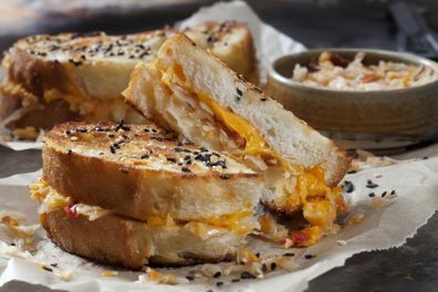 Spicy Korean Kimchi Grilled Cheese Sandwich's on Sourdough Bread with Sesame Seeds