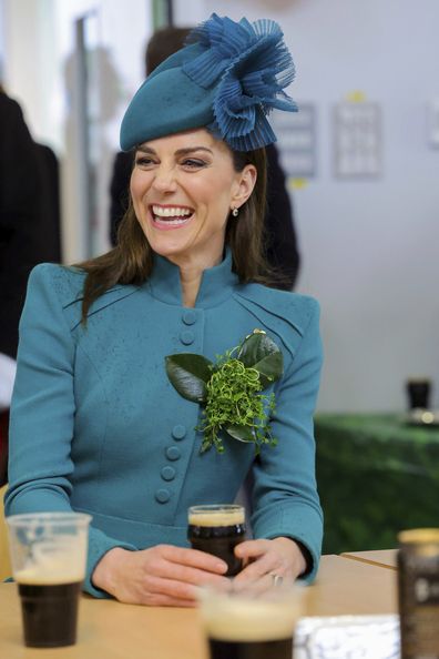 Kate, the Princess of Wales meets with members of the Irish Guards and their families, during the St. Patrick's Day Parade at Mons Barracks, in Aldershot, England, Friday, March 17, 2023.  