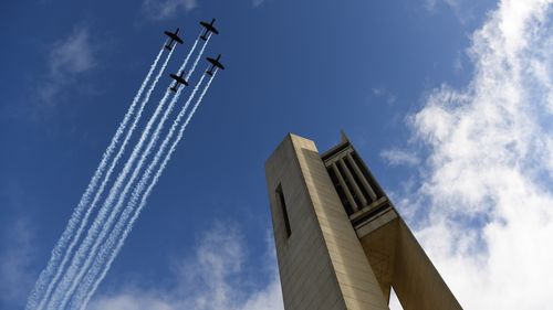 CANBERRA, AUSTRALIA - JUNE 04: A Royal Australian Airforce flypast in front of the Carillon during the renaming ofAspen Island in honour of Queen Elizabeth II as part of the Queen's Platinum Jubilee Celebrations on June 04, 2022 in Canberra, Australia. The Australian Government has renamed Aspen Island on Lake Burley Griffin to Queen Elizabeth II Island, in Her Majesty's honour to as part of The Queen's Platinum Jubilee celebrations marking 70 years of the Queen's dedication and service to Austr
