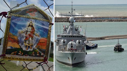 Relatives of the missing crew placed a religious message on the fence of the Mar Del Plata naval base in Argentina. Right: a warship leaves the base to help search for the missing vessel. (Photo: AP).