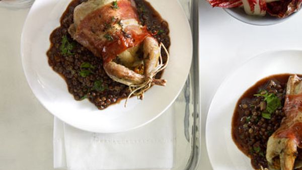 Thyme-roast quail with prosciutto and red wine lentils