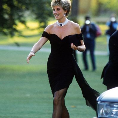 Princess Diana (1961 - 1997) arriving at the Serpentine Gallery, London, in a gown by Christina Stambolian, June 1994. 