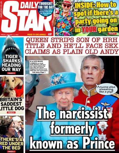 The Daily Star's front-page the day it was announced Prince Andrew would be stripped of his HRH and military titles and patronages.