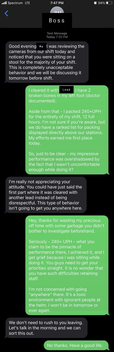Text exchange with boss quit