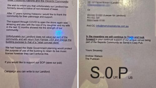 This letter was posted outside Hobson's and included the personal email address of the landlord.