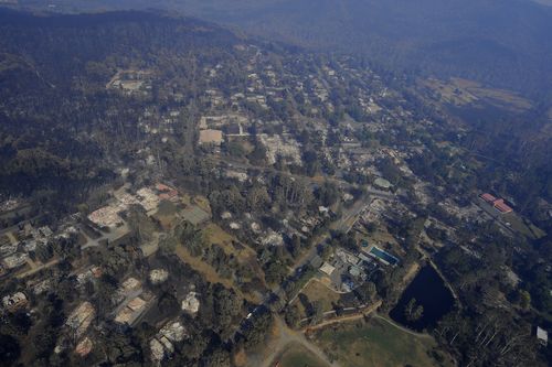 Aerial of the the burnt out ruins of houses in Marysville, north of Melbourne, Thursday, Feb. 12, 2009.