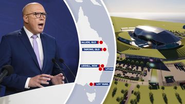 Peter Dutton, the locations of the Coalition&#x27;s proposed nuclear plants, and a mock-up of one of the power plants.