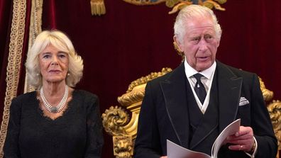 King Charles III and Camilla, Queen Consort, during his proclamation