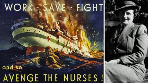 The propaganda poster after the sinking and, right, Sister Ellen Savage, the only surviving nurse. (Images: AWM).