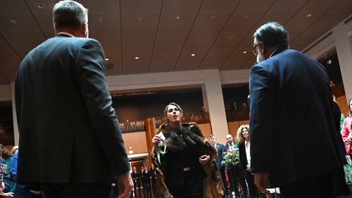 Australian Senator Lidia Thorpe disrupts proceedings as Britain's King Charles III and Queen Camilla visit Parliament House.