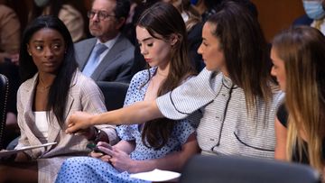 US Olympic gymnasts (L-R) Simone Biles, McKayla Maroney,  Aly Raisman and Maggie Nichols, arrive to testify during a Senate Judiciary hearing about the Inspector General&#x27;s report on the FBI handling of the Larry Nassar investigation of sexual abuse of Olympic gymnasts, on Capitol Hill, September 15, 2021, in Washington, DC.