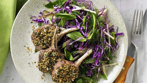 Herb crusted lamb cutlets with red cabbage and green apple slaw