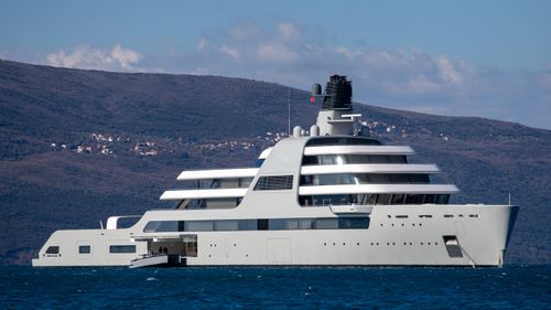 The superyacht, Solaris, owned by Roman Abramovich, arrives in the waters of Porto Montenegro