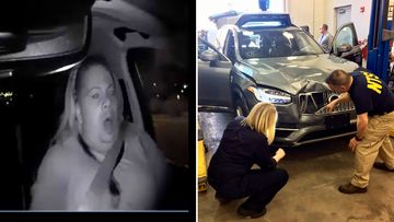 The interior moments before an Uber SUV hit a woman (left) and the damage to the car after the crash (right). (AP)