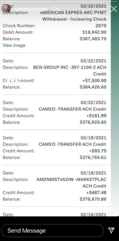 Real Housewives of New York, reality TV star, Ramona Singer Instagram screenshot, bank statement