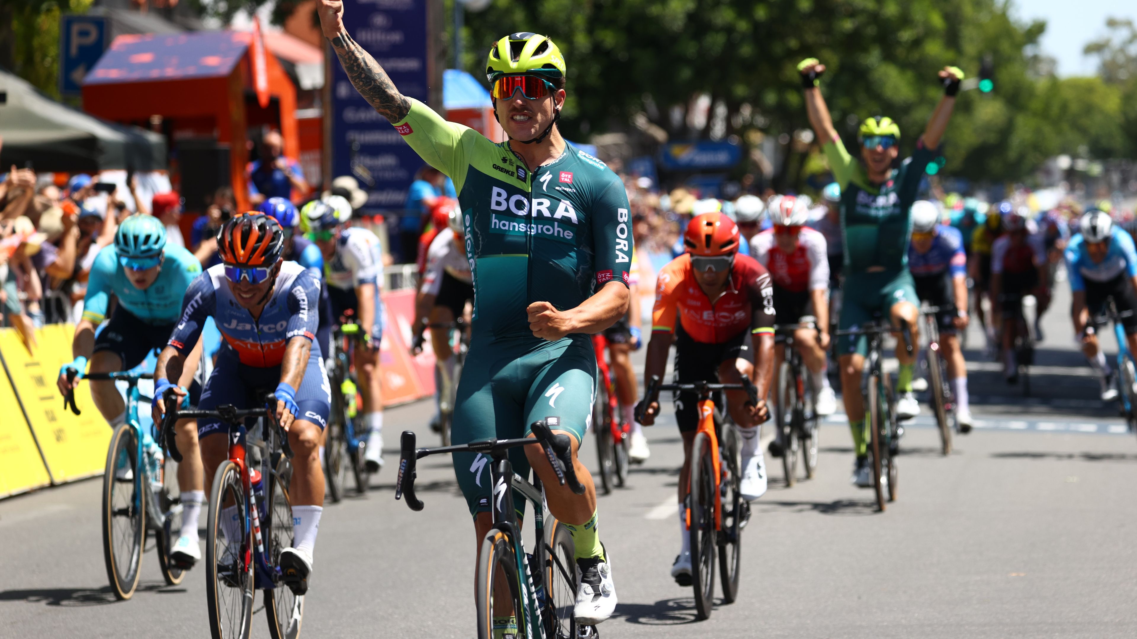 Sam Welsford of Australia and Bora-Hansgrohe team wins the 24th Santos Tour Down Under Stage 1.