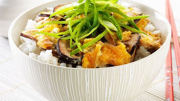 Chicken, egg and mushroom donburi