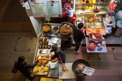 Kowloon, Hong Kong - December 10, 2018: High angle view of wet market at Nam Shan Estate in Shek Kip Mei.
