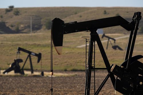 Pumpjacks operate in a pasture, Monday, Sept. 30, 2024, near Hays, Kan.