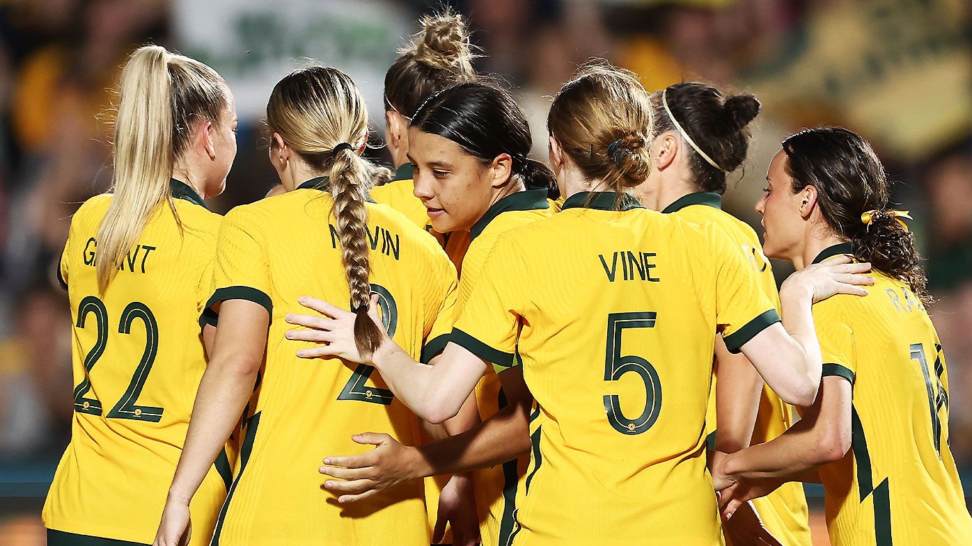 GOSFORD, AUSTRALIA - NOVEMBER 15: Sam Kerr of the Matildas celebrates with team mates after scoring a goal during the International Friendly match between the Australia Matildas and Thailand at Central Coast Stadium on November 15, 2022 in Gosford, Australia. (Photo by Matt King/Getty Images)