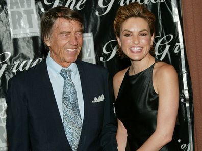 NEW YORK - JUNE 22:  Actress Mariska Hargitay (wearing Vera Wang) and father Mickey Hargitay attend the 2004 American Women in Radio and Television Gracie Allen Awards gala on June 22, 2004 at the New York Hilton Hotel, in New York City. (Photo by Evan Agostini/Getty Images)