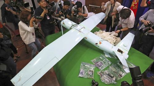  A suspected North Korean drone is viewed at the Defense Ministry in Seoul, South Korea, on June 21, 2017. South Korea said Monday, Dec. 26, 2022, it fired warning shots after North Korean drones violated the Souths airspace. (Lee Jung-hoon/Yonhap via AP, File)